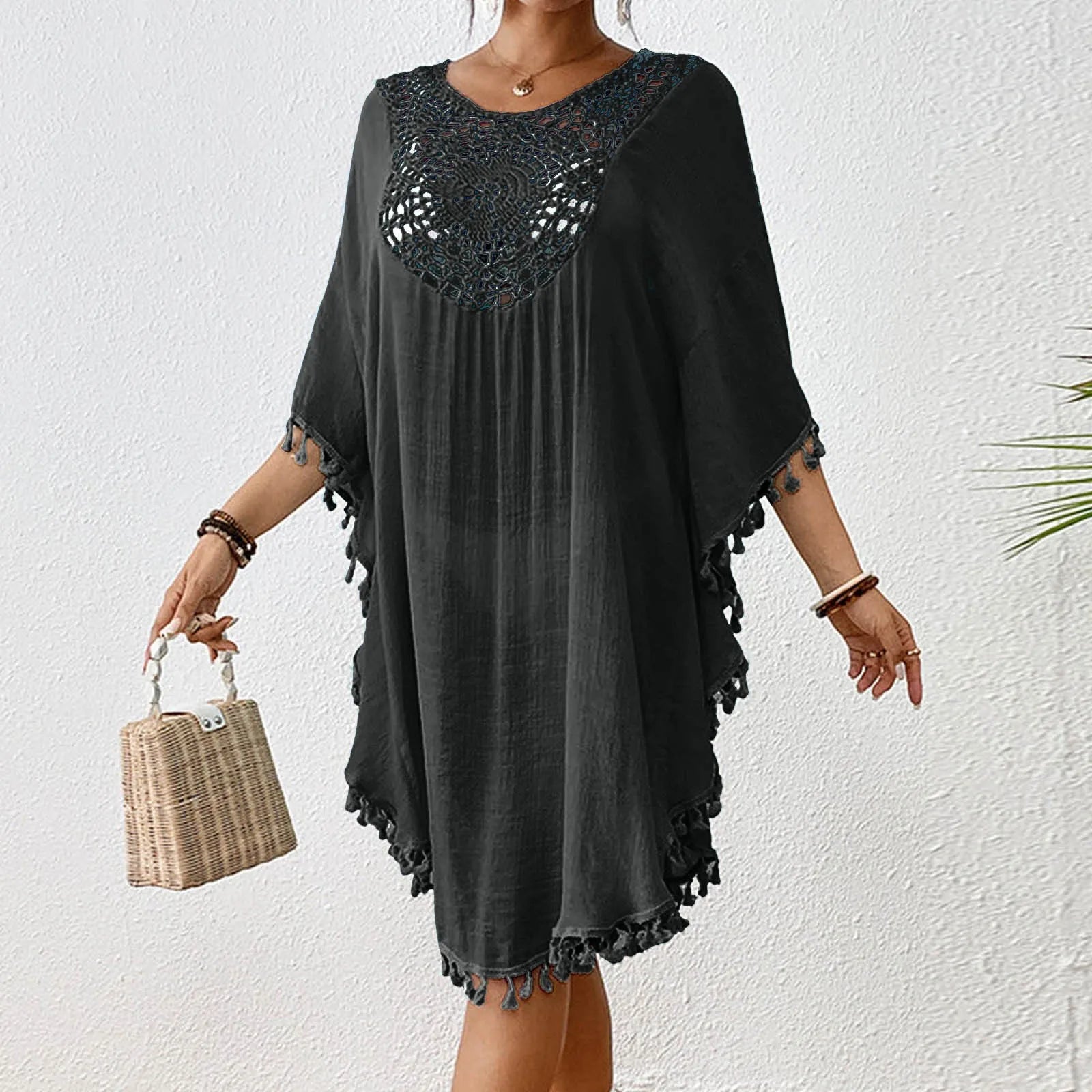 Linen Cover Up Women's Beach Top With Crochet Patchwork Tassel